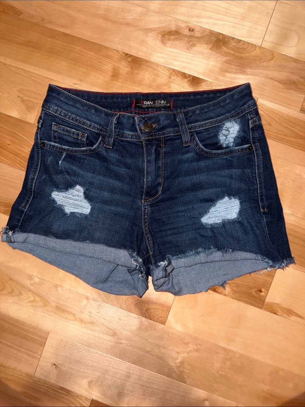 Frab Denim Dark Blue Distressed Rolled-Hem Jean Shorts Sz 27
